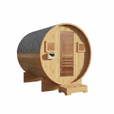 Outdoor Traditional Sauna Built for Year-Round Use, 4-6 Person Barrel Design, 6KW Electric Heater, Tempered Glass