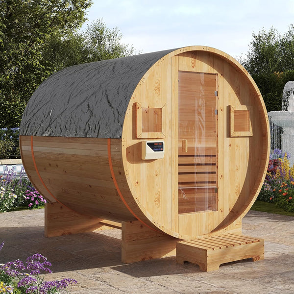 Outdoor Traditional Sauna Built for Year-Round Use, 4-6 Person Barrel Design, 6KW Electric Heater, Tempered Glass