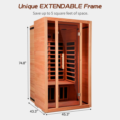 2 Person Extendable FAR Infrared Sauna for Home, Hemlock Wood Low EMF 6 Carbon Heaters Indoor Saunas with LED Lights, Bluetooth Speaker, Digital Control Panel, and Seating Bench