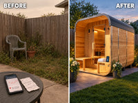 Backyard Discovery Lennon 4-6 Person Traditional Cedar Outdoor Cube Sauna with Porch, Electric Sauna Heater, Sauna Rocks, Dry Heat, Steam Sauna, LED Lights, Wi-Fi Control, Sauna Accessories — Before & After