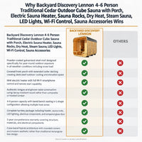 Backyard Discovery Lennon 4-6 Person Traditional Cedar Outdoor Cube Sauna with Porch, Electric Sauna Heater, Sauna Rocks, Dry Heat, Steam Sauna, LED Lights, Wi-Fi Control, Sauna Accessories — Comparison