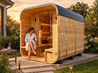 Backyard Discovery Lennon 4-6 Person Traditional Cedar Outdoor Cube Sauna with Porch, Electric Sauna Heater, Sauna Rocks, Dry Heat, Steam Sauna, LED Lights, Wi-Fi Control, Sauna Accessories — Lifestyle