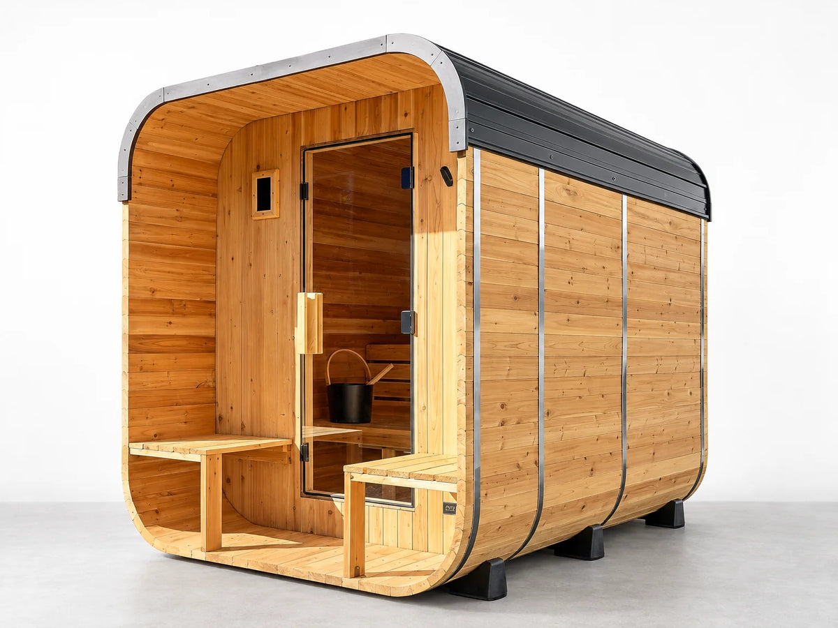 Outdoor Cedar Sauna Built for Year-Round Use, 4-6 Person Capacity, 9kW Electric Heater, Wi-Fi Control — Studio Shot