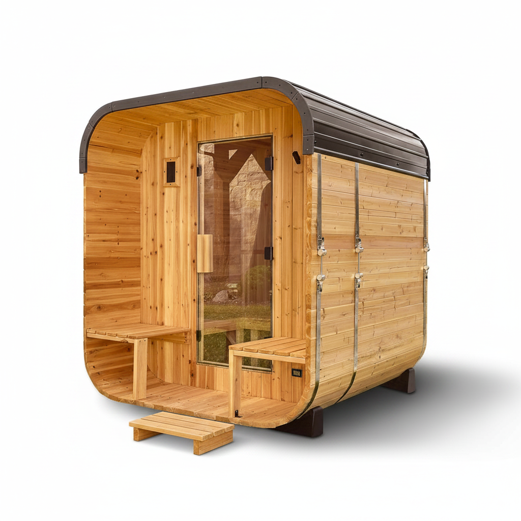 Backyard Discovery Lennon 2-4 Person Traditional Cedar Outdoor Cube Sauna with Porch, Electric Sauna Heater, Sauna Rocks, Dry Heat, Steam Sauna, LED Lights, Wi-Fi Control, Sauna Accessories