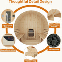 Outdoor Traditional Sauna Built for Year-Round Use, 4-6 Person Barrel Design, 6KW Electric Heater, Tempered Glass